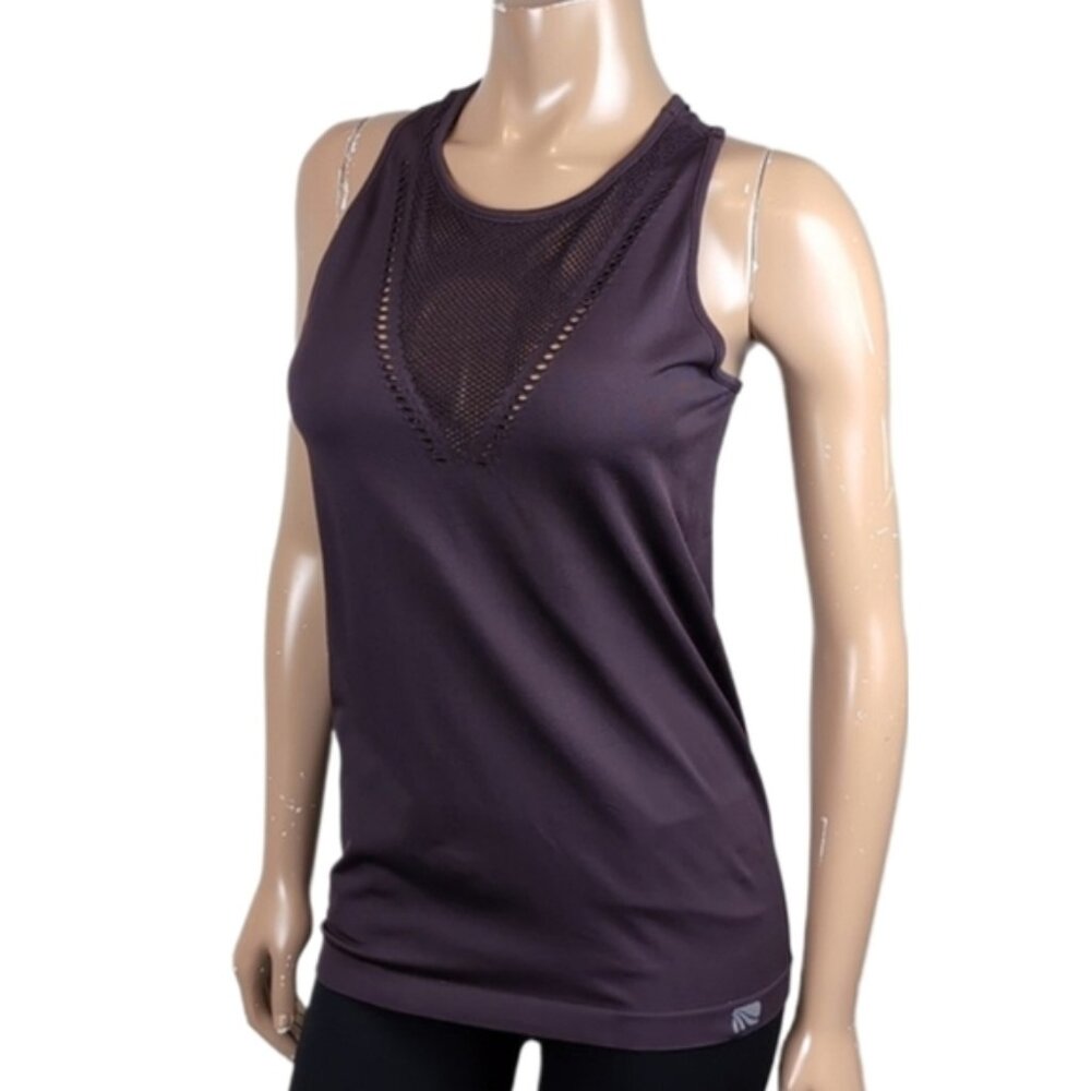 Marika Laser Cut Tank Top Sheer Fishnet Mesh Vneck Racerback Yoga Sporty Plum